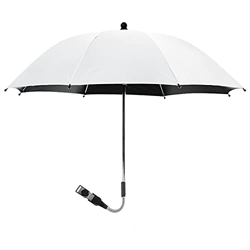 Shujin Sombrilla universal para cochecito y silla de paseo – Protección UV 50 +/75/85 cm de diámetro, rotación de 360 ° con protección solar y protección contra la lluvia (blanco, 75 cm)