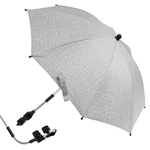 Sombrilla para cochecito, paraguas universal 50+ UV con abrazadera ajustable y brazo flexible para cochecito, cochecito, bicicleta, silla de ruedas, silla de playa, color gris, 85 cm