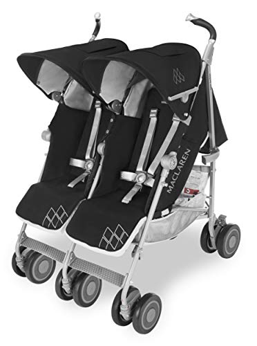 Maclaren Twin Techno silla de paseo ligera y compacta para recién nacidos de hasta 15 kg en cada asiento, Capota individual extensible y asiento reclinable, Incluye protector para la lluvia, Negro