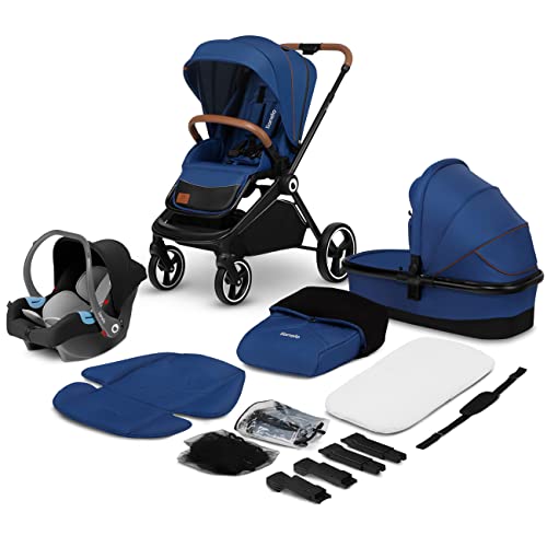 LIONELO Mika cochecito de bebé 3 piezas, coche de bebé 3 en 1, carrito para bebé, carro bebé 3 piezas el conjunto, silla de paseo, capazo y silla de coche, función de transportador, mosquitera (Azul)