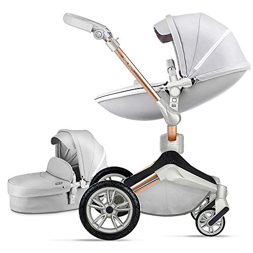 Cochecito de bebé Hot Mom con rotación de 360 grados, cuero de PU, ángulo de asiento ajustable (gris)
