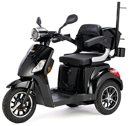VELECO DRACO - Scooter de movilidad de 3 ruedas - Totalmente ensamblado y listo para usar - Freno electromagnético automático - Soporte para bastones (NEGRO)