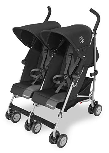 Maclaren Twin Triumph silla de paseo ligera y comapcta para niños a partir de 6 meses hasta 15 kg en cada asiento, Capota individual extensible, Incluye protector para la lluvia, Negro/gris oscuro