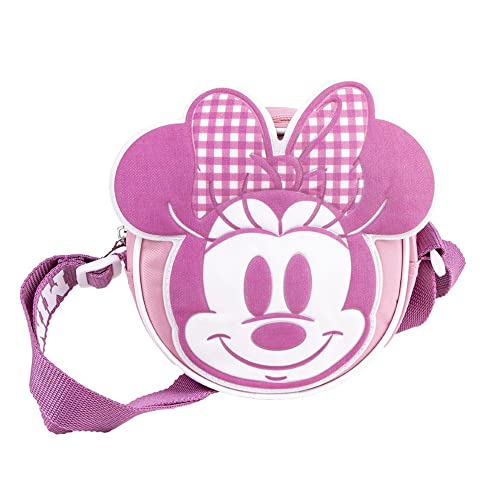 Bolso bandolera Minnie Mouse, Disney, bolso de paseo para niñas, forma redonda, Rosa, 16 x 16 x 4,5 cm.