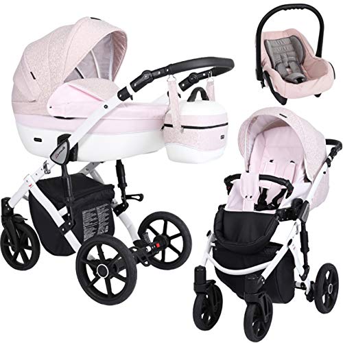 Kunert cochecito de bebé LAVADO silla de paseo silla de coche asiento de bebé juego completo 3 en1 (Jacquard con rosa, Color del marco: Blanco, 3en1)