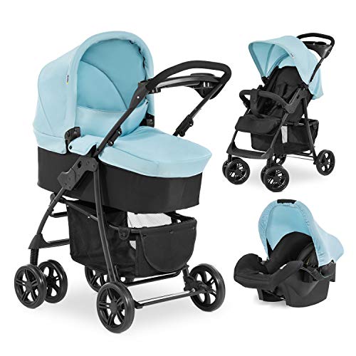 Hauck Shopper Trio Set silla de paseo 3en1 hasta 25 kg + grupo 0+ y capazo de bebé con colchón desde el nacimiento, silla de paseo con respaldo reclinable, portavasos, ligero, plegado pequeño - azul