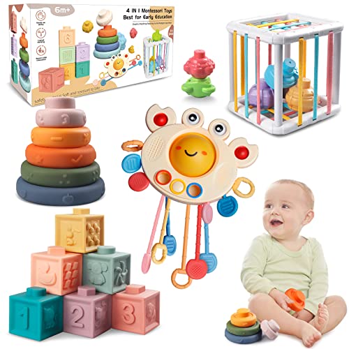 Aliex Juguetes Montessori 6 Meses - 3 Años, 4 in 1 Juguetes Sensoriales/Apilables/Cubos/Bloques | Regalos para Bebés