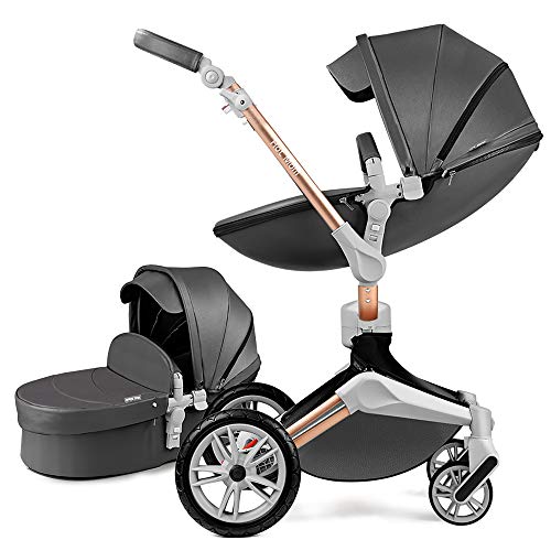 Cochecito de bebé con función de rotación de 360 grados, Sillas de paseo Hot Mom con combinación de asiento y moisés de cuero Pu de alto paisaje, gris 2022 (dark grey gris 2in1)