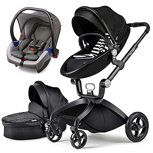 Hot Mom Cochecito combi 3 en 1, accesorios reversibles, ruedas de poliuretano, suspensión , nuevo diseño, color negro, modelo F22