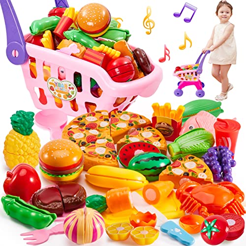 BUYGER 2 en 1 Alimentos de Juguete con Frutas y Verduras para Cortar, Carro de la Compra Juguete Supermercado Comida Juguete Regalo para Niño Niña
